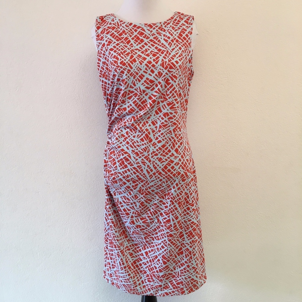 J. McLaughlin Catalina Cloth Dress M Medium Red Blue Abstract Scribble Ruched